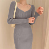 Women Long Sleeve Autumn Knee-Length Dress Sexy Basic Ribbed Knitting Sweater Dress Square Collar Winter Bodycon Dresses