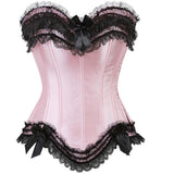 S-6XL Lace Trim Bow Satin Corset With Zipper Side For Women Plus Size Waist Corset And Bustier Outwear Overbust Corset Top