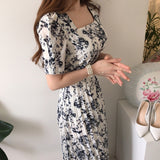 Summer Elegant Women Print Puff Sleeve Dress Casual Party Slim A-Line Maxi Pleated Dress