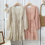 Women Chiffon Elegant Vintage Print Casual Dress Round Neck Long Sleeve Mini Dress With Belt