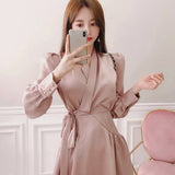 Women Sexy V-Neck Slip Satin Elegant Lantern Sleeve A-Line Club Party Wrap Dress  Clothing Streetwear Vestidos