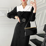 Autumn Women Patchwork Dress Long Sleeve Double Breasted Belted Female Suit Dress Ladies Vestidos