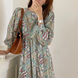 Women Spring Autumn Vintage Floral Dress Korean Elegant Chiffon Loose Holiday Dresses Hedging Long Sleeve Ladies Dress