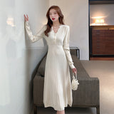 Ladies Elegant V-Neck Single-Breasted Women Thicken Sweater Dress 2021 Autumn Winter Female Knitted A-Line Vestdios