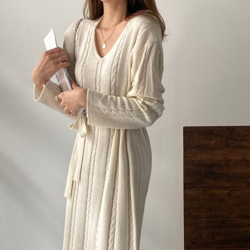 Elegant Autumn Winter Twisted Knitted Dress With Belt V Neck Long Sleeve Solid Casual Midi Dress