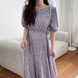 Elegant Waist Tie Vintage Floral Chiffon Midi Dress O-Neck Short Puff Sleeve Summer Dress