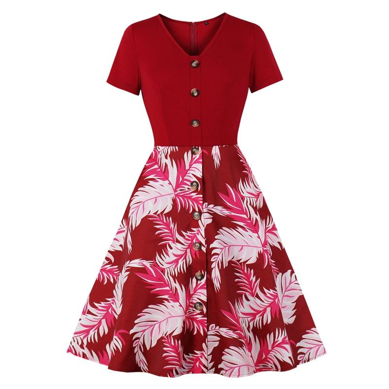 Red Single Breasted Button Front Botanical Print Flare Summer V-Neck Pocket Side Vintage Dress
