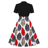Vintage Dresses 50s 60s Retro Bow Neck Leaf Print Black Patchwork Robe Pin Up Swing Casual Dress