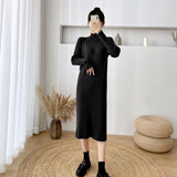 Women Casual Thicken Sweater Dress Half High Collar Full Sleeve Female Knitted Dress Midi Pullovers Jumper Dress