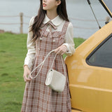 Patchwork Vintage Kawaii Dress Women Fake Two-Piece Plaid Party Midi Dress Female Korean College Style Chic Dress Autumn 2021