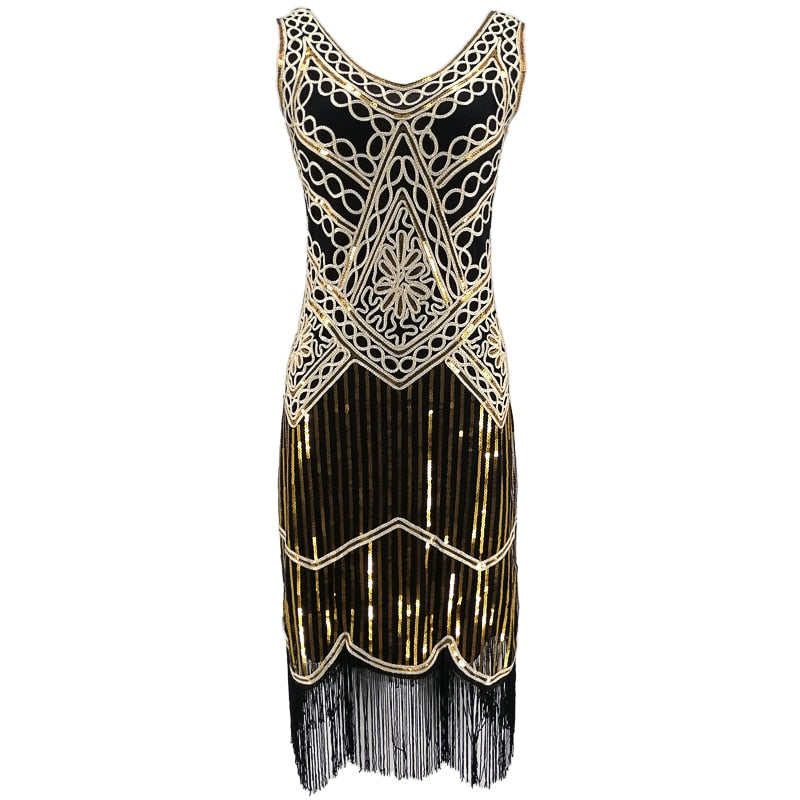 Women Party Dress Robe Charleston 1920s Great Gatsby Flapper Sequin Fringe Midi Vestido Summer Retro Black Dress