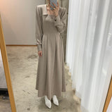 Spring Autumn Women Vintage  Office Lady Long Sleeve Square Collar Female Elegant t A-Line Dress Vestidos  Fashion Clothes