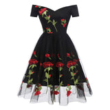 1950s Party New Year Embroidery Rose Floral V Neck Sleeve Black Women Dress