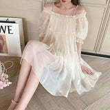 Beach Elegant Strap Dress Women 2021 Off Shoulder Ruffle Korean Fashion Sweet Dress Solid Short Sleeve Boho Casual Dress Summer