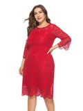 Black Formal Lace Dress Women O-neck Plus Size 6XL Elegant Red Cut Out Lace Vestioes Three Quarter Sleeve Party Evening Dresses