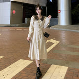 Women Elegant Peter Pan Collar Dress Vintage Puff Sleeve A-line Female Dress 2021 Ladies Midi Vestidos