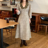 Women Elegant Peter Pan Collar Floral Dress Vintage Puff Sleeve Lace-up A-line Female Dress 2021 Ladies Midi Vestidos