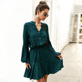 Ladies Vintage Long Sleeve Shirt Boho Beach Casual Plaid Print A-line Midi Dress