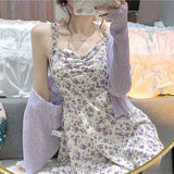 Summer Elegant Floral Dress Women Sexy V-Neck French Vintage Strap Dress Casual Chiffon Slim Sleeveless Y2k Party Dress