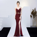 Sleeveless Sequins Evening Dress Sexy Backless Party Dress Spaghetti Straps Stretchy Formal Gowns Long Side Fork Robe