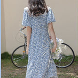 2021 Summer Sweet Elegant Dress Women Holiday Outing High Waist Blue Floral Casual Dress Female Puff Sleeve Fairy Midi Sundress