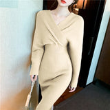 Elegant V-Neck Bodycon Knitted Dress Women Autumn Winter Full Sleeve Slim Waist Female Sweaters Vestidos