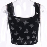 Glitter Butterfly Print Bow Decoration Black Velour Sleeveless V Neck Ladies Vintage Tank Tops