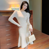 Winter Thick Women Knitted Knee-Length Dress Buttons Long Sleeve Slim Waist Female Sweater Mermaid Dress