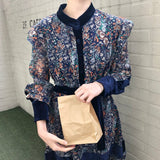 Fashion Printing Long Ruffle Sleeve Autumn Women's Lace Up Dress Casual Chic Loose Female Clothing Robe Dresses