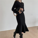 New Autumn Women Black Knitting Dress Casual O-Neck Elegance Full Sleeve Solid Ruffle Dresses Female Clothing