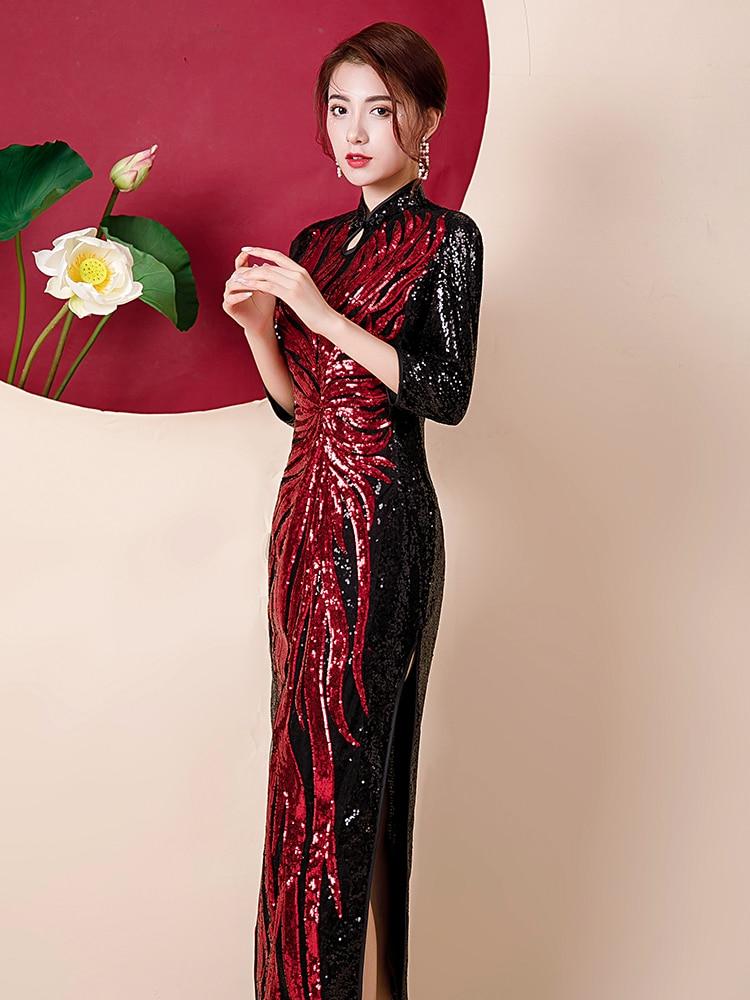 Fashion Sequins Embroidered Evening Dress Side-Slit Formal Occasion Women Black Red Long-Sleeve Tea-Length