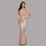 Sexy V-neck Mermaid Evening Dress Long Formal Prom Party Gown Full Sequins Long Sleeve Galadress Vestidos Women Dress