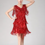 Stage Performance Costume Shiny Double V-Neck Sleeveless Sequin Tassel Latin Jazz Cha-cha Ballroom Dance Dress Vestido