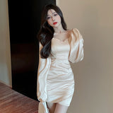 Autumn Women French Square Collar Puff Sleeve Slim Dress Female Satin Pleated Bodycon Mini Vestdios