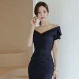 Elegant Summer Women Office Lady Sexy Off Shoulder Buttons Bodycon Work Formal Dress Slim Waist Vestidos