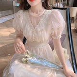 Vintage Summer Elegant Dresses Women French Retro Lace V-neck Princess Fairy Dress Female Casual Puff Sleeve Party Dress