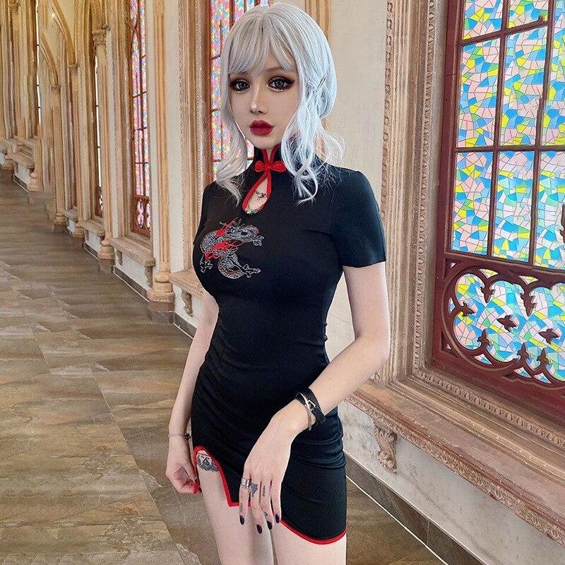 Gothic Women Dress Cheongsam Chinese Style Skinny Mini Dress Streetwear Sexy Vintage Harajuku Summer Women Clothing Slim 2021