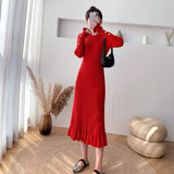 Women Spring Autumn 2021 O-Neck Knit Dress Female Ruffle Long Sleeve A-Line Midi Sweater Dress