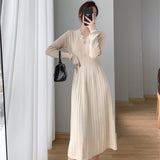 Women's Midi Knitting Dress Spring Autumn Female Slim V-Neck Lady Bottoming Pleated Sweater Dresses Vestidos