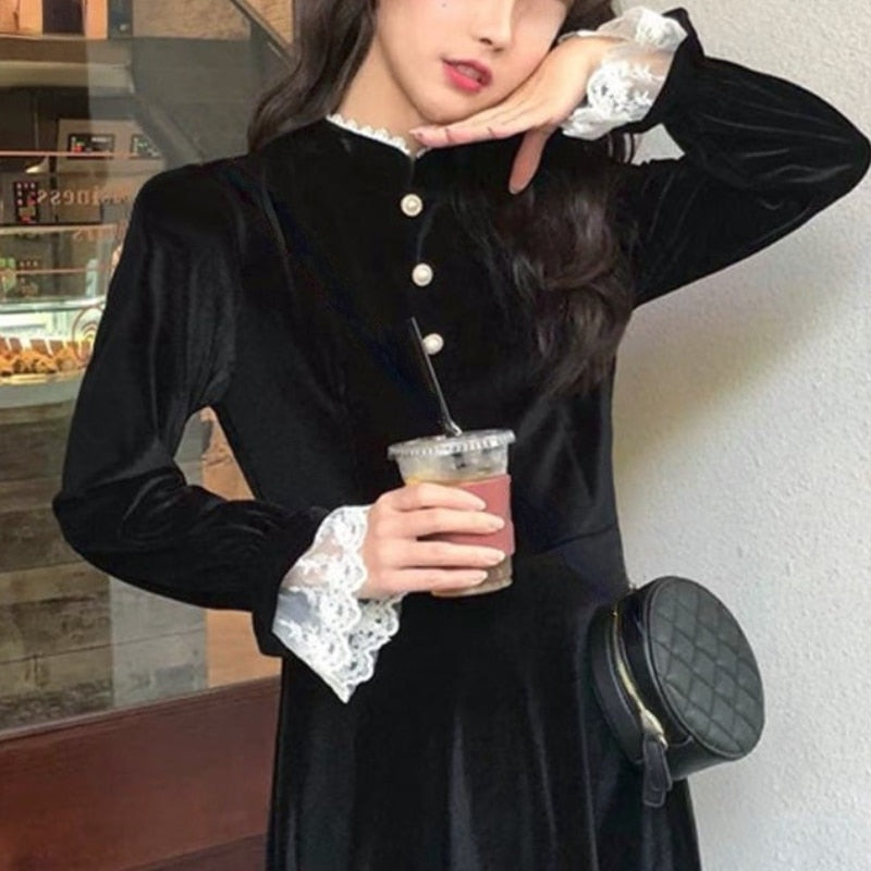 Velvet One Piece Dress Korean Fashion 2021 Winter Vintage Midi Dress Evening Paty Lace Design Long Sleeve Black Elegant Dress