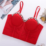 Short Sexy Rhinestone Crop Top Show Top Mesh Solid Women Camis Tops With Built In Bra Push Up Bralette