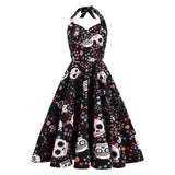 Skull Pattern and Floral Print Rockabilly Vintage 50s Halloween Costumes Women Halter Sexy Party Fit and Flare Dress
