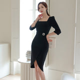 New Women Sheath Pencil Dress Female Elegant Slim Bodycon Dresses Korean Knee-Length Work Casual Vestidos