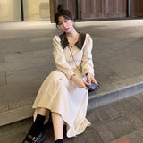 Women Elegant Peter Pan Collar Dress Vintage Puff Sleeve A-line Female Dress 2021 Ladies Midi Vestidos