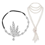 Great Gatsby Accessories Set for Women 1920s Flapper Pearl Necklace Headband Leaf Headpiece Party Costume Jewelry