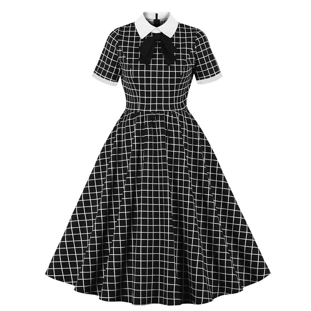 Black White Plaid Cotton Short Sleeve Bow Knot Robe Pin Up Vintage 50s 60s Retro Dresses