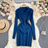 Women Polo Neck Long Sleeve Mini Dress Front Button Sexy Party Ribbed Knitted Bodycon Dress