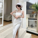 2021 Women  Sexy White Solid Beach Party Spaghetti Strap Midi Slit Dress Elegant Female Summer Bodycon Clothes