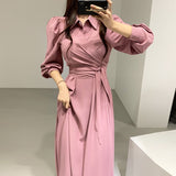 Spring Summer 2021 New Women Dress Long Sleeve Turn Down Collar Shirt Lace Up Ladies Casual Dresses Vestidos