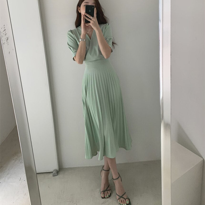 High Quality New Women Summer Clothes Elegant V-Neck Slim Office Lady Casual A-Line Bandge Pleated Dress Vestidos